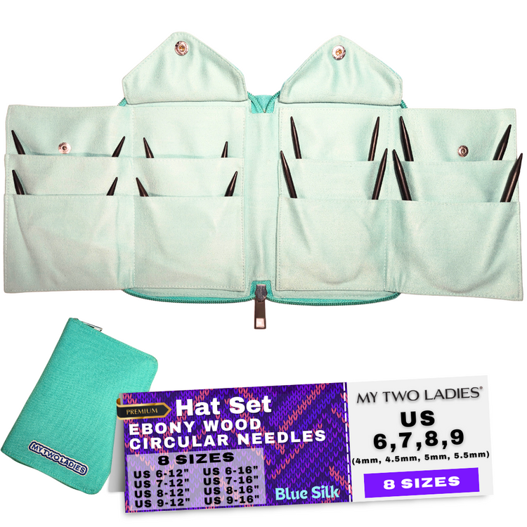Collection of knitting needles in a teal case with product packaging on a white background