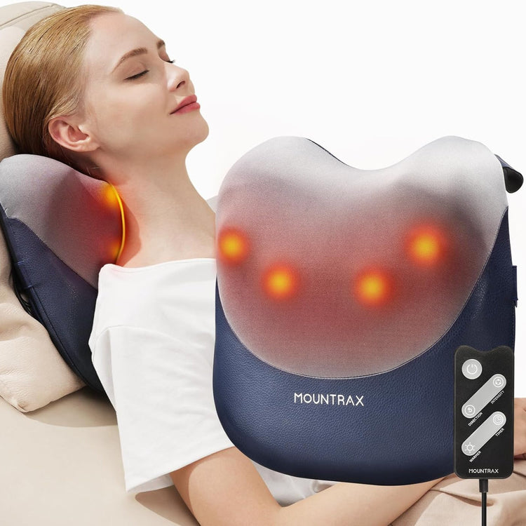 Woman using a Mountrax neck and shoulder massager with glowing red lights.