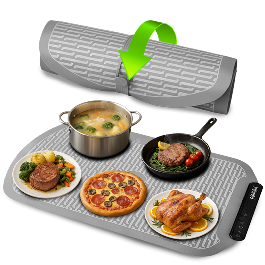 Gray kitchen mat with food items and a green arrow pointing to it, on a white background