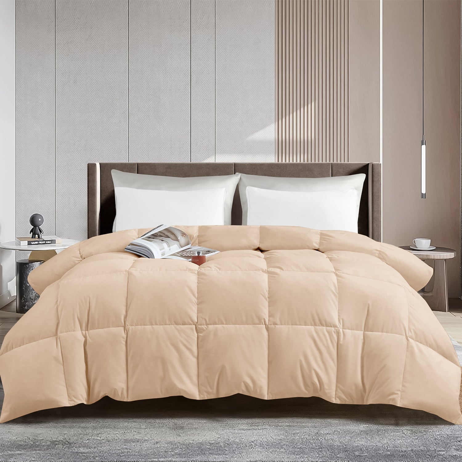 Beige comforter on a bed in a modern bedroom setting