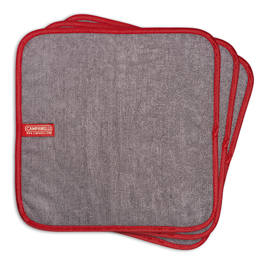 Two gray pot holders with red edges and a Campanelli logo on a white background