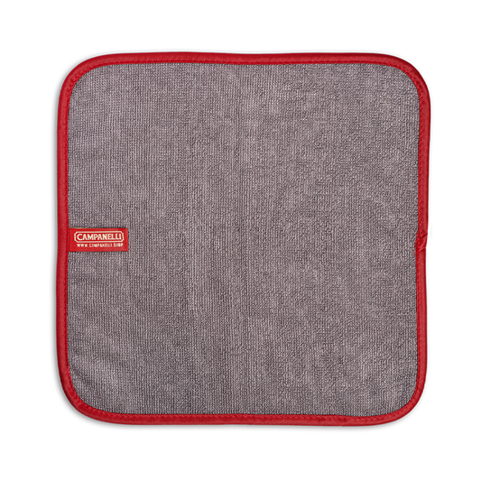 Two gray pot holders with red edges and a Campanelli logo on a white background