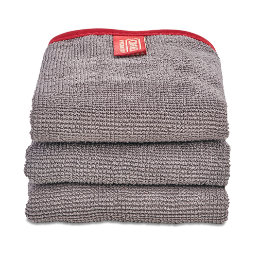 Two gray pot holders with red edges and a Campanelli logo on a white background