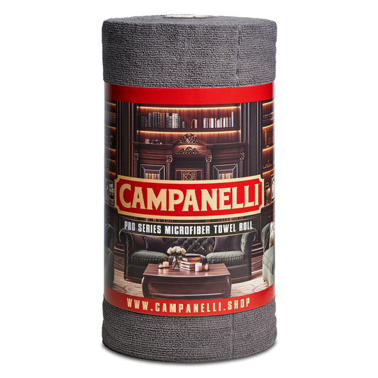 Roll of Campanelli microfiber towel with a decorative label on a white background