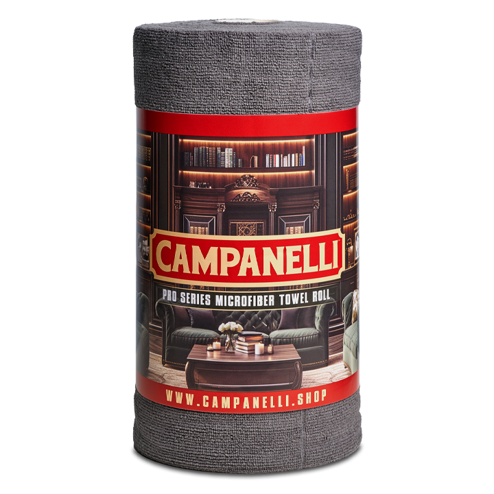 Roll of Campanelli microfiber towel with a decorative label on a white background