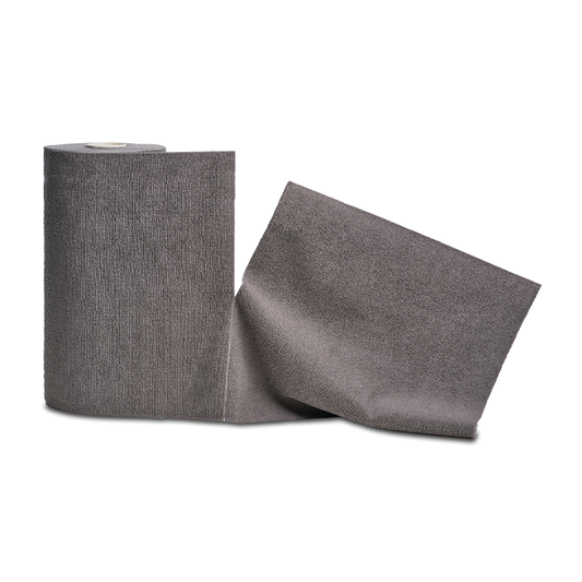 Roll of Campanelli microfiber towel with a decorative label on a white background