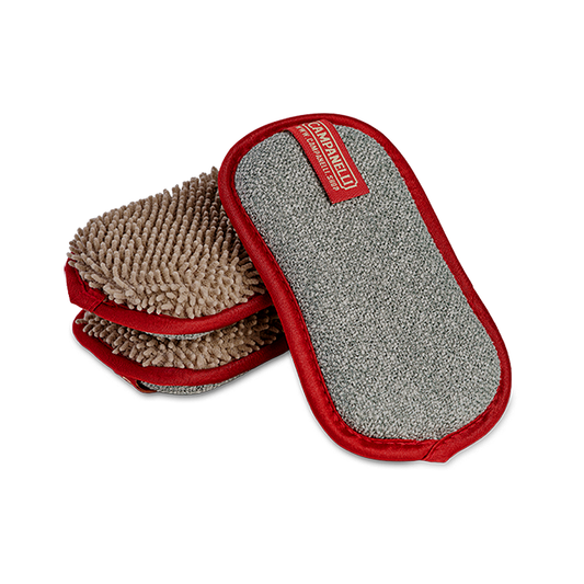 Three microfiber cleaning pads with red borders on a white background