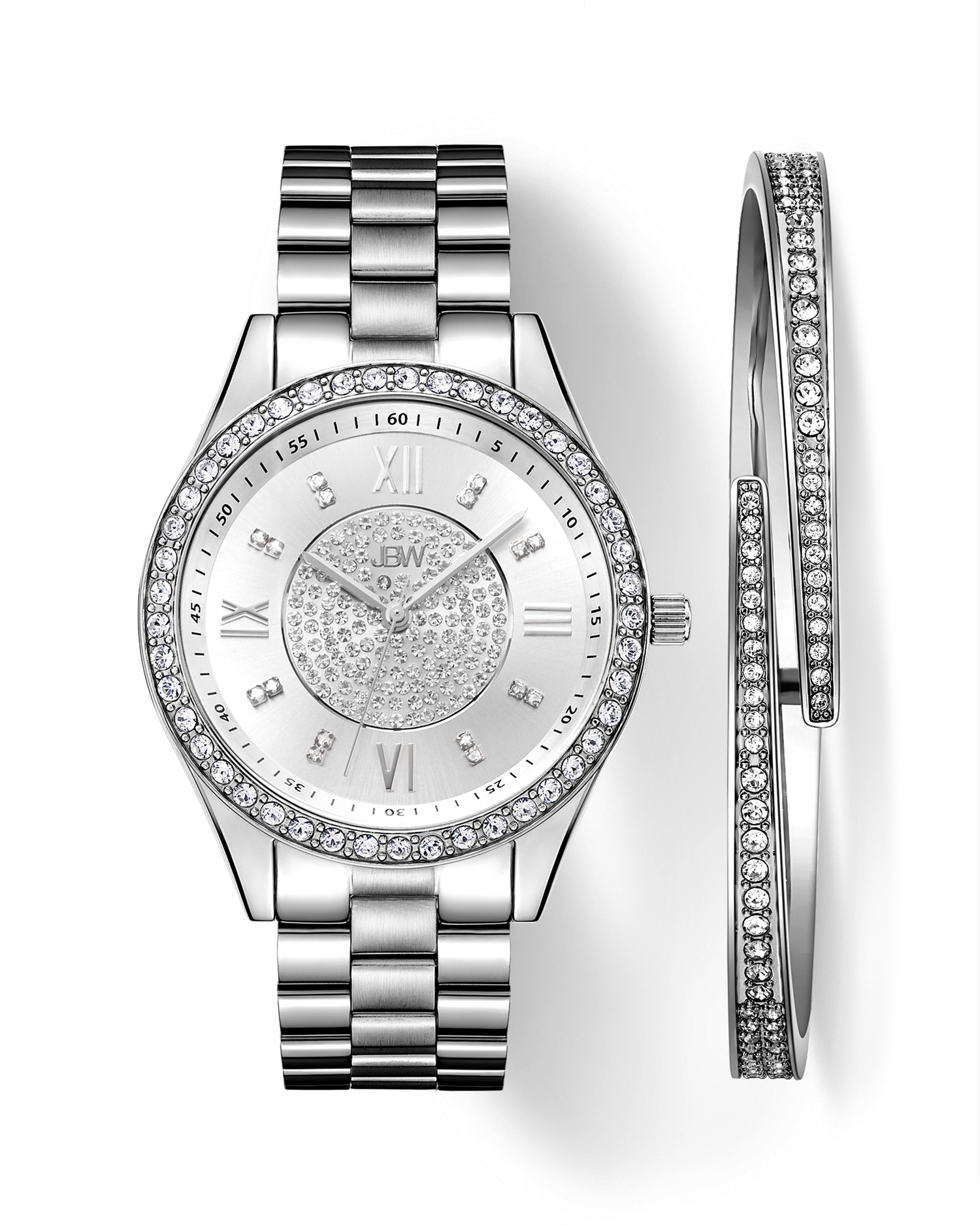 The JBW Mondrian | J6303-SetA features a silver diamond watch with a rhinestone-studded face, Roman numerals, and metal link band, paired with two matching silver crystal bangles. All items are displayed on a white background.