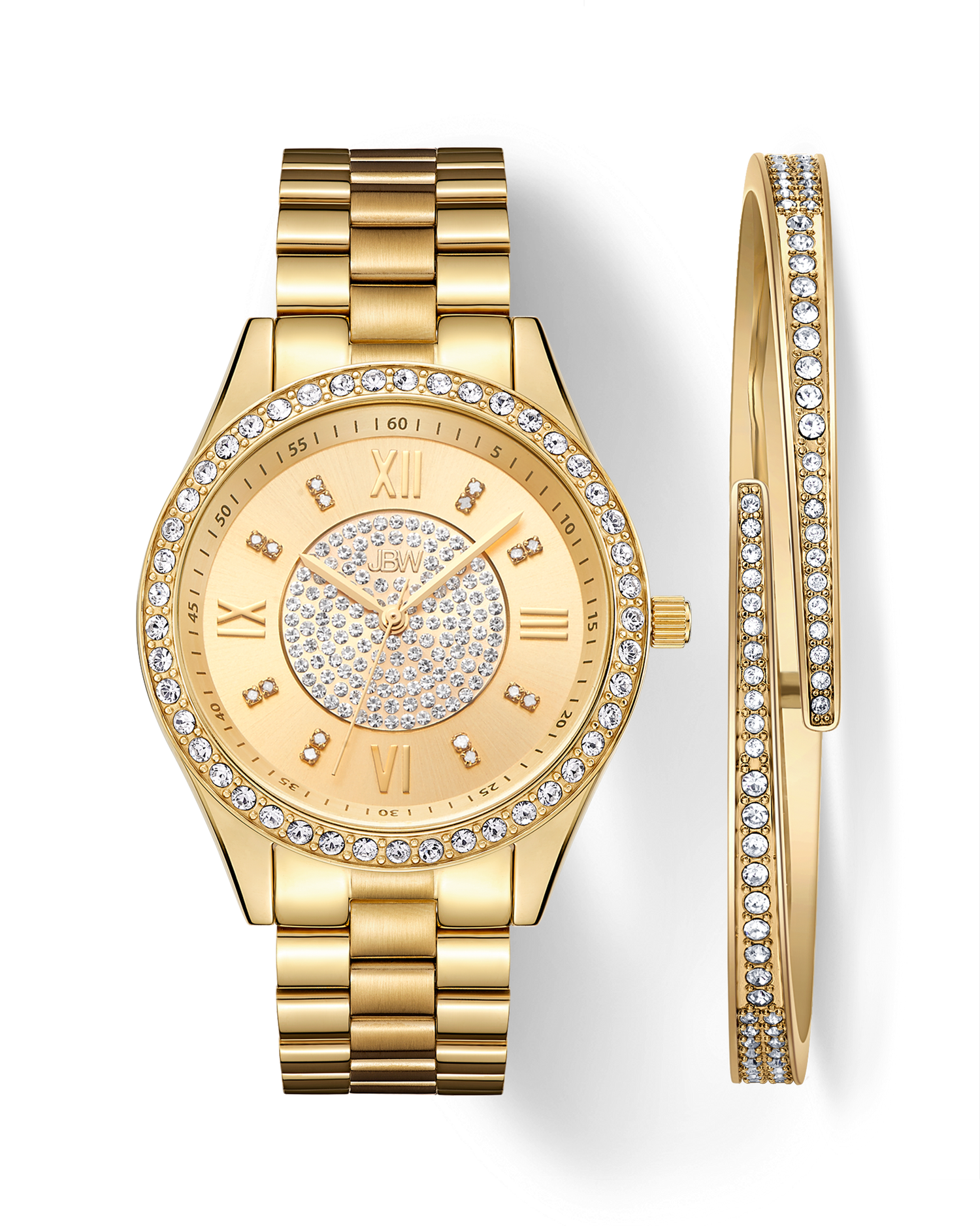 Gold-tone watch with a crystal-studded bezel and matching crystal-accented dial, shown alongside a slim crystal-studded bangle on a white background.