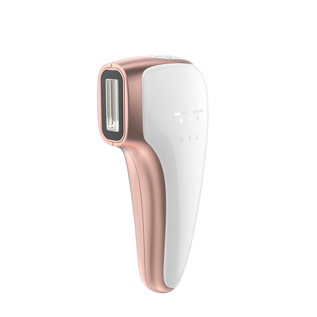 White and rose gold handheld device on a white background
