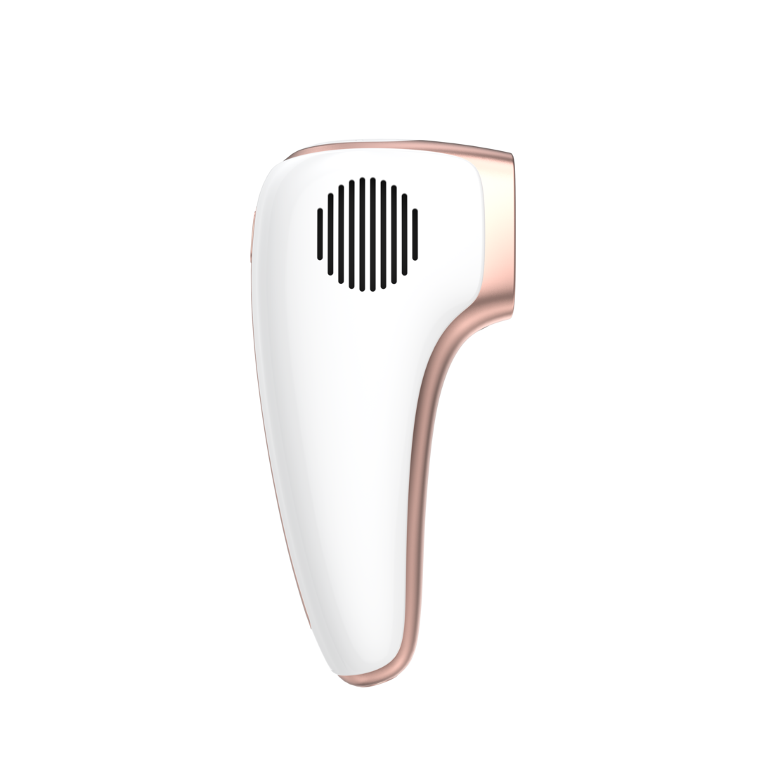 White and rose gold hair dryer on a white background