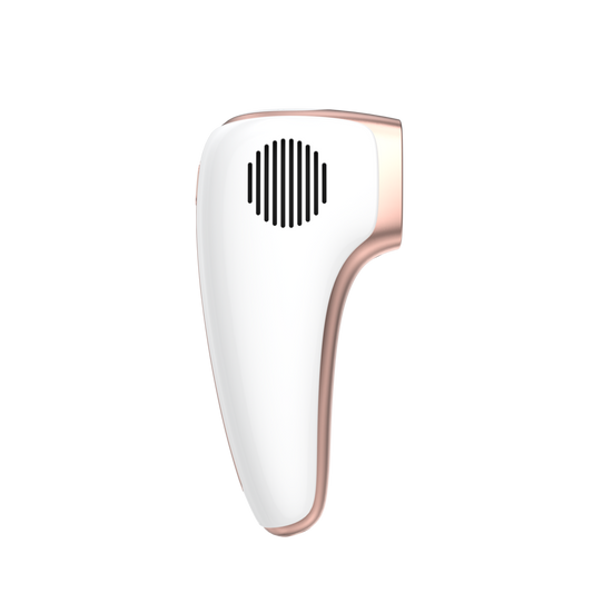 White and rose gold handheld device on a white background