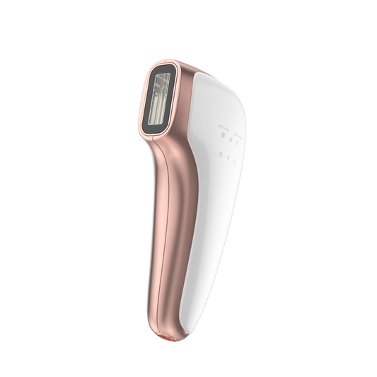 White and rose gold handheld device on a white background