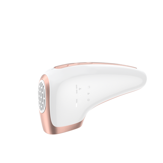 White and rose gold handheld device on a white background