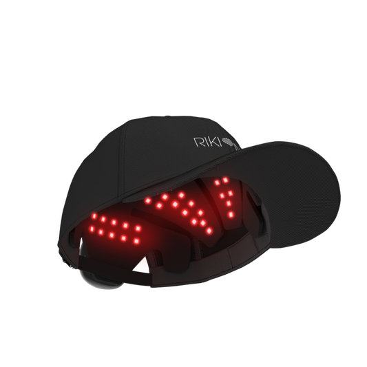 Black cap with LED lights on a white background, featuring the brand 'RIKI'.
