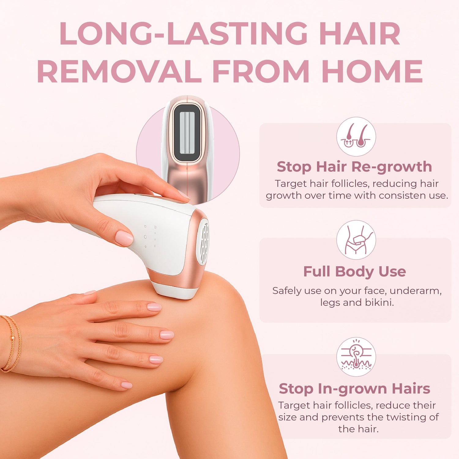 Hair removal device with text on long-lasting hair removal from home on a pink background