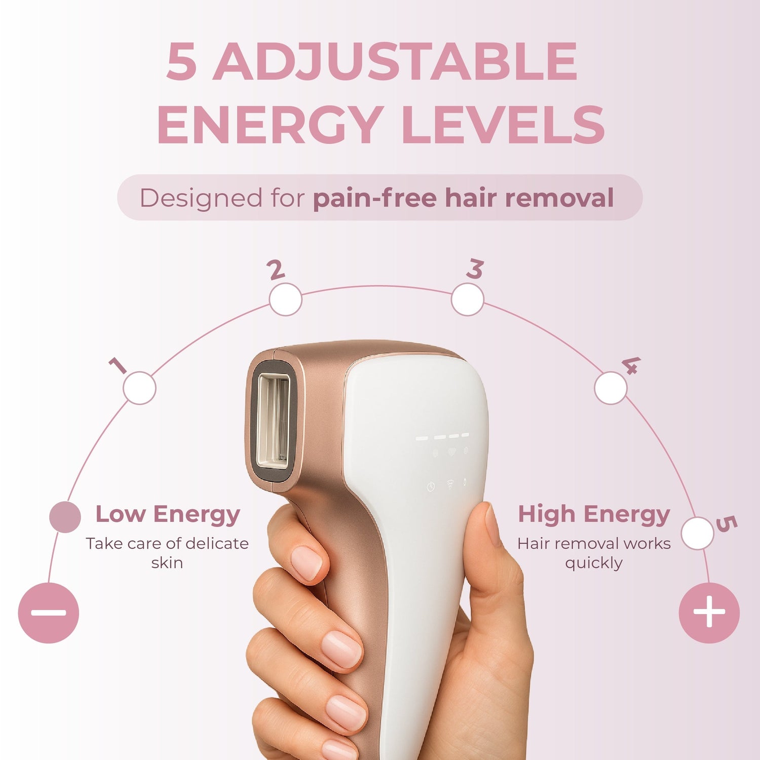 Hair removal device with adjustable energy levels on a pink background
