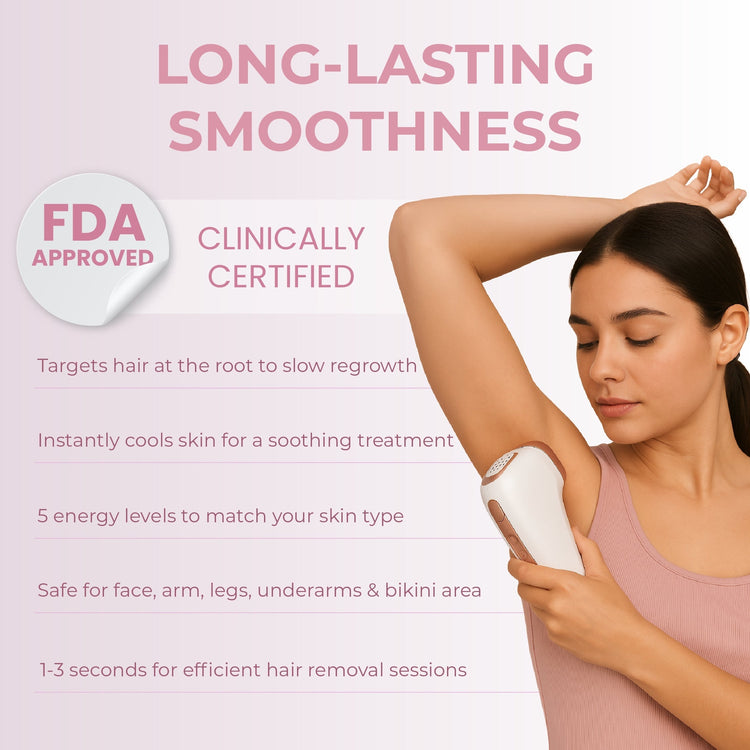 Woman using a hair removal device with text about long-lasting smoothness and FDA approval on a light pink background.