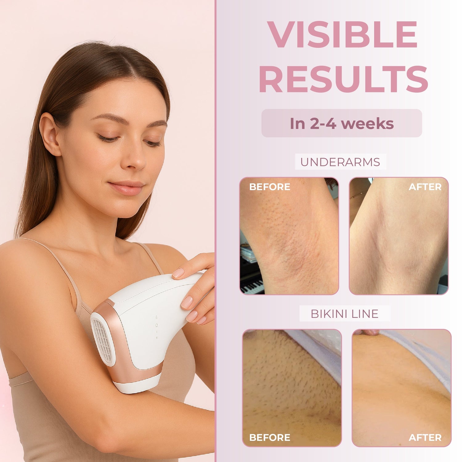 Woman using a hair removal device with 'Visible Results' text and before-after images on a pink background