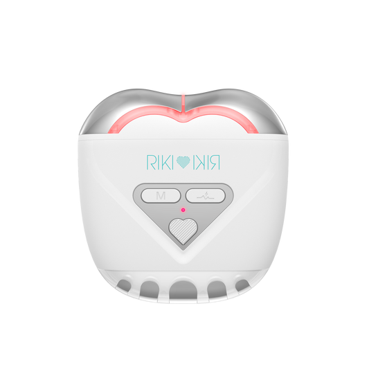 White electronic device with heart-shaped design and 'RIKI KIRA' branding on a white background
