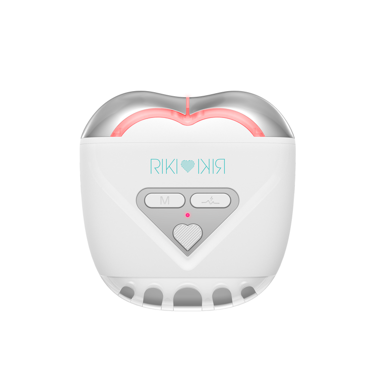 White electronic device with heart-shaped design and 'RIKI KIRA' branding on a white background