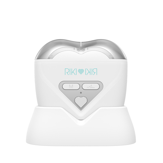 White electronic device with heart-shaped design and 'RIKI KIRA' branding on a white background