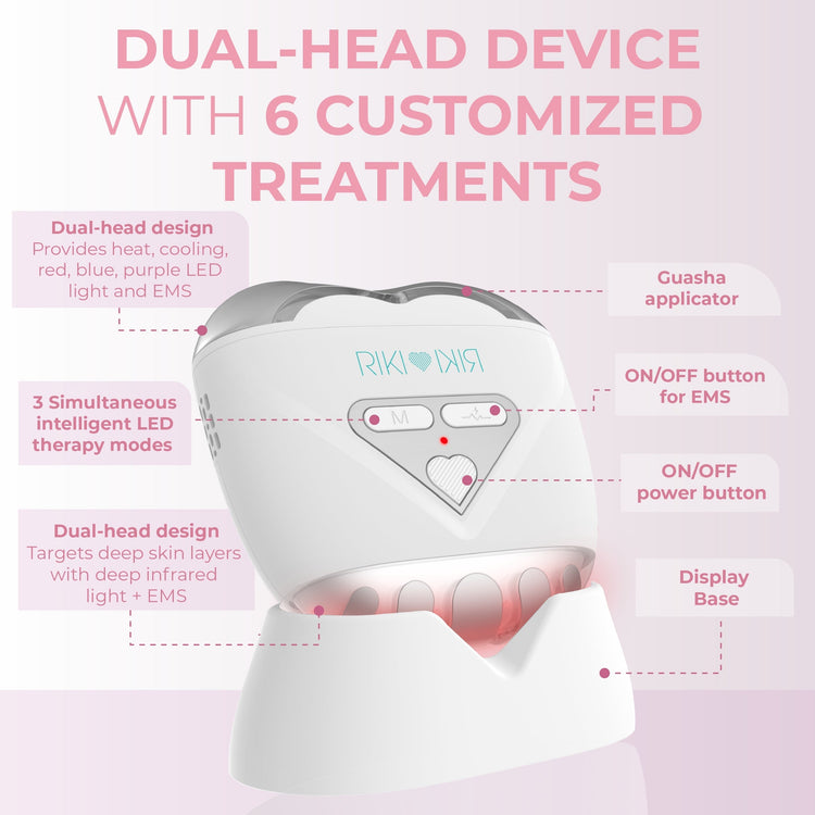 Riki Dogi dual-head device with features highlighted on a pink background