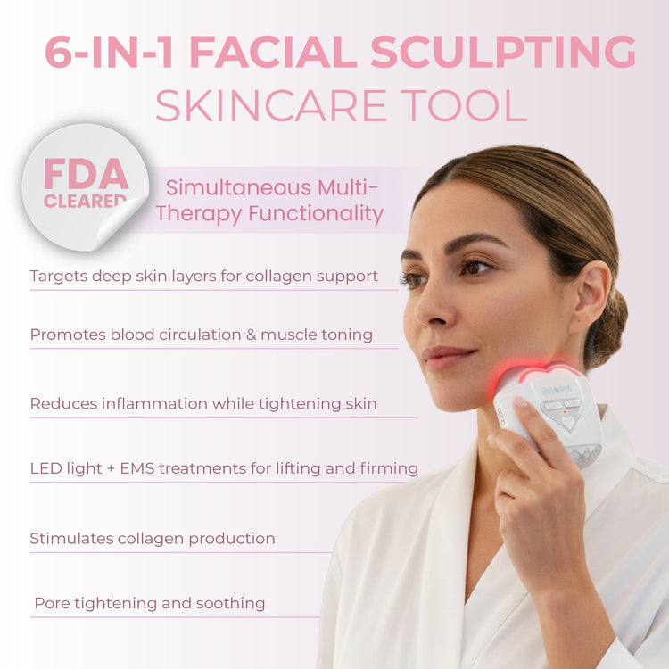 Woman using a 6-in-1 facial sculpting skincare tool with product details on a pink background