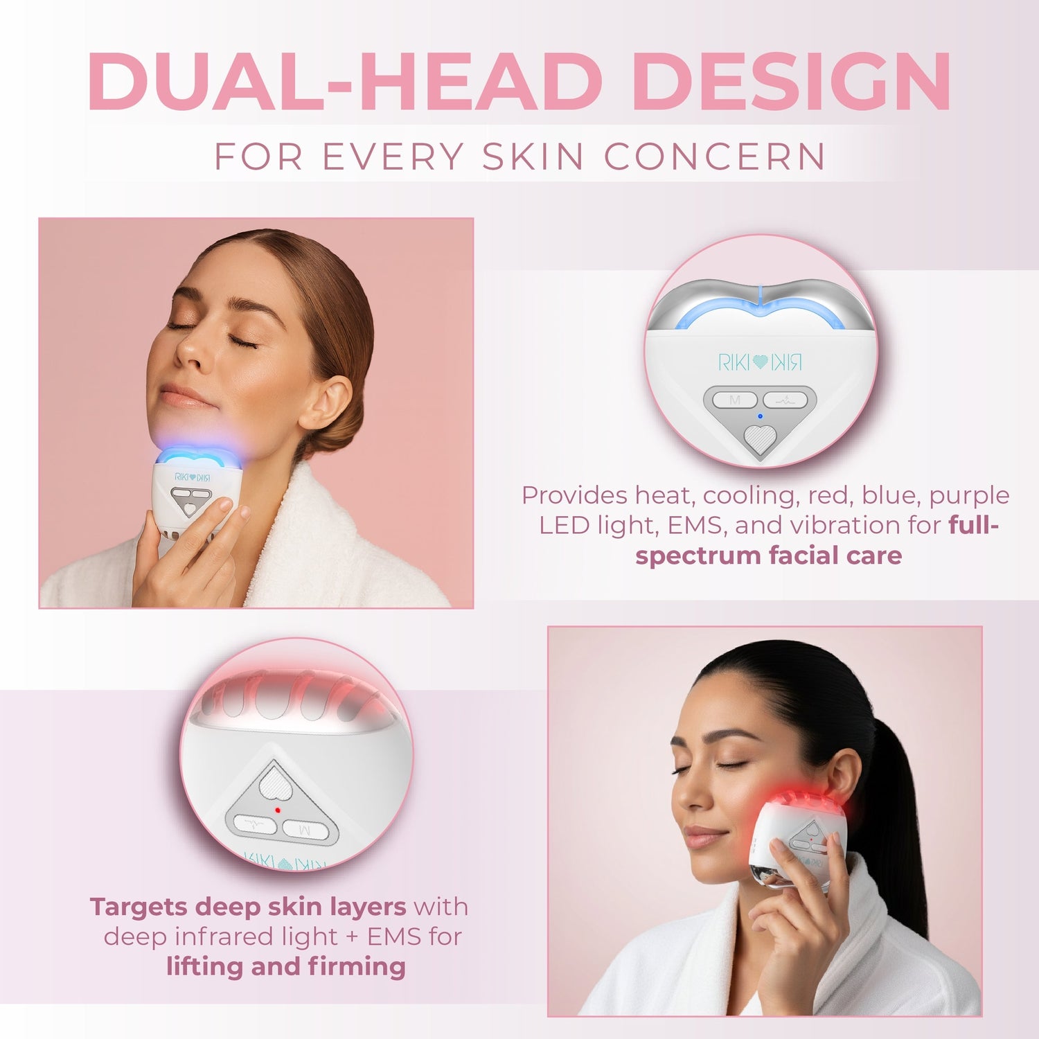 Facial device with dual-head design for skin care on a pink background