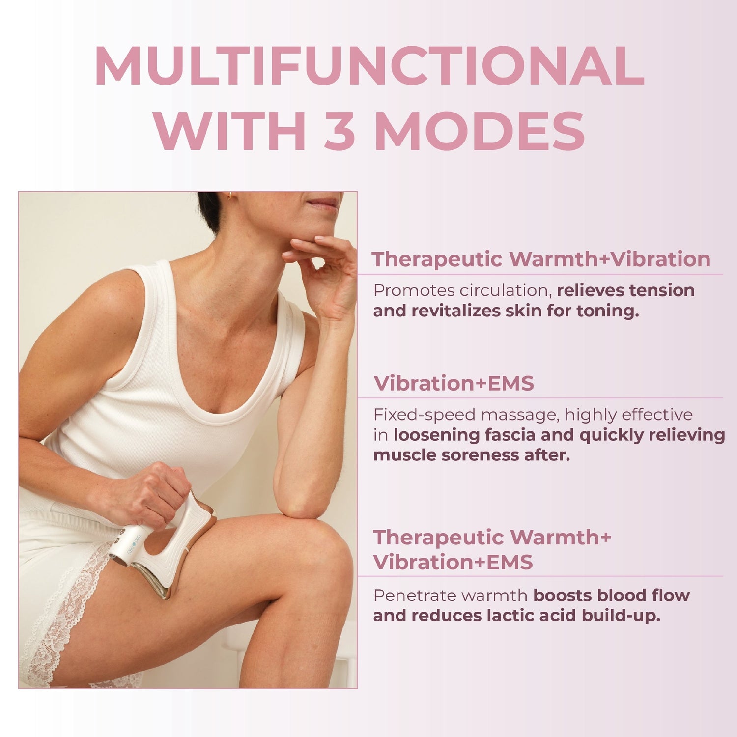 Woman using a multifunctional device with text describing its modes on a light pink background