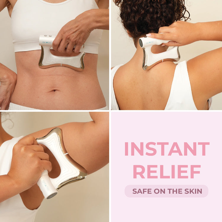 Collage of a person using a handheld device on various parts of their body with text 'Instant Relief' and 'Safe on the Skin'.