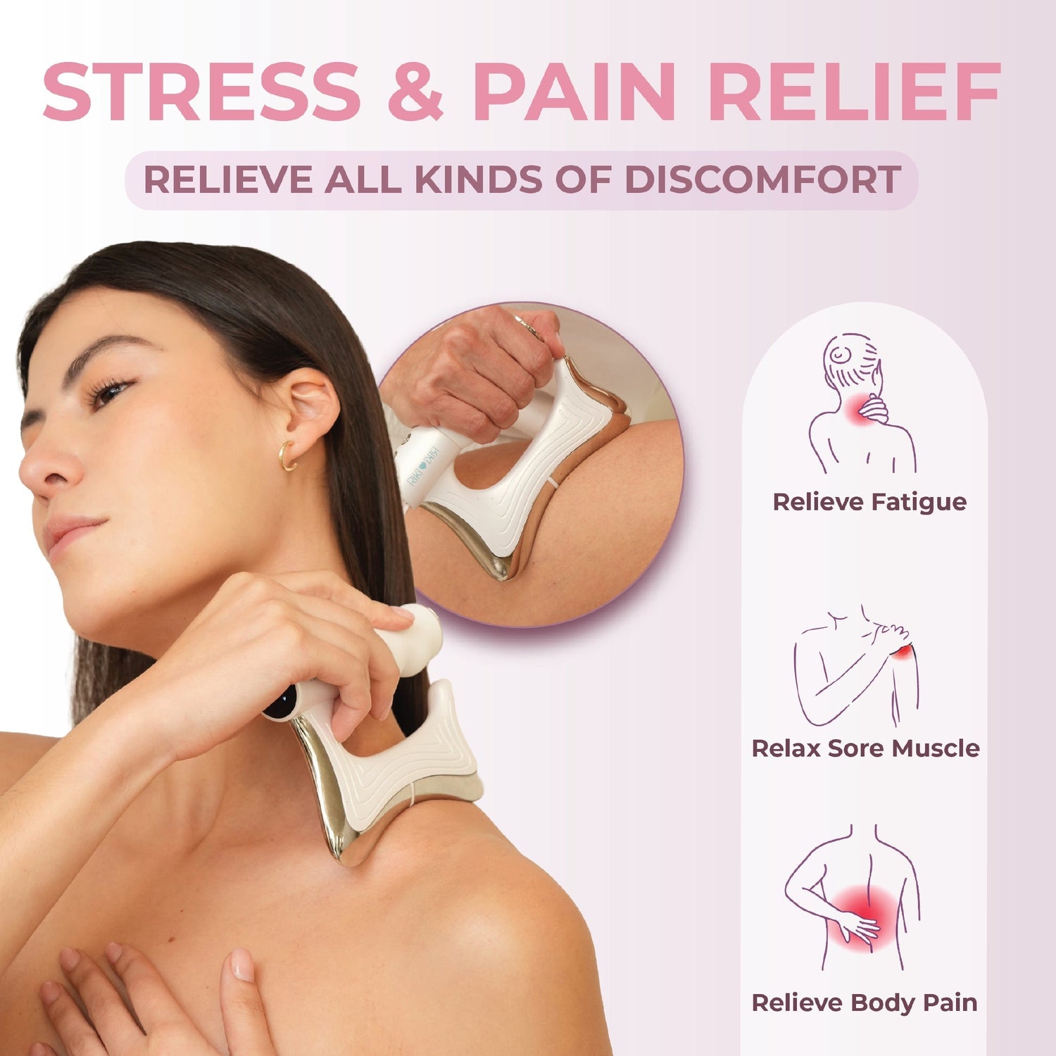Woman using a handheld massager on her shoulder with text about stress and pain relief.