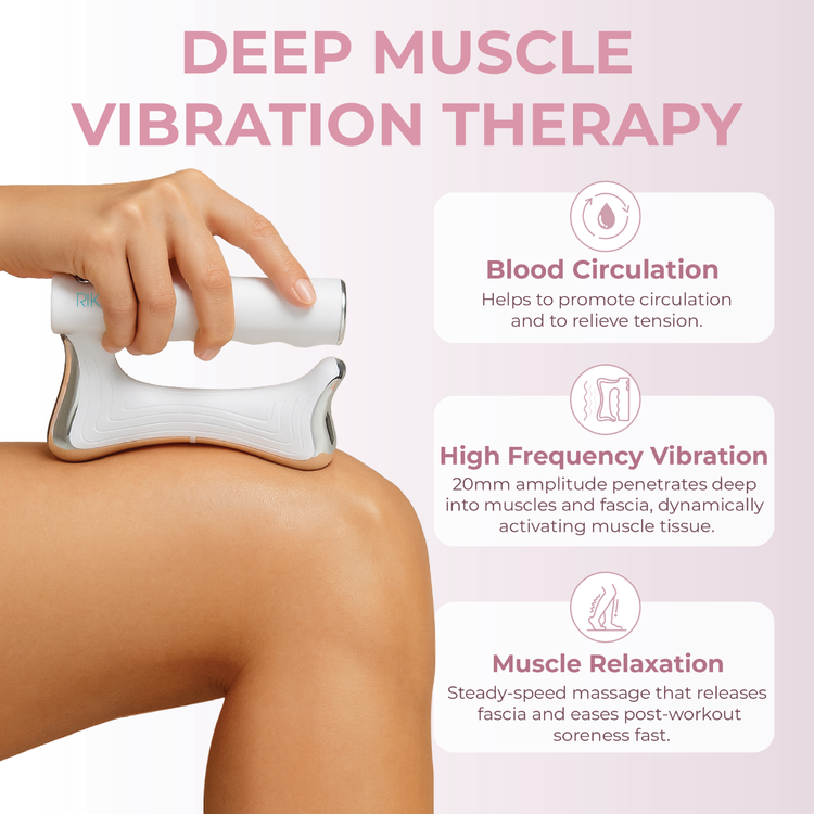 Person using a deep muscle vibration therapy device on their leg with text explaining benefits.