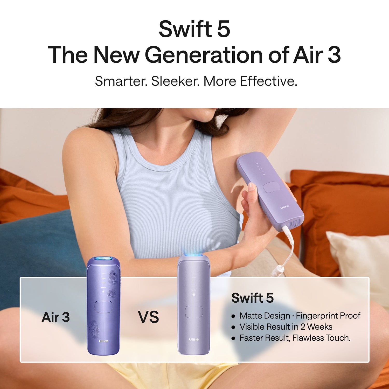 Person using a purple device on their arm with text comparing Swift 5 and Air 3 products.