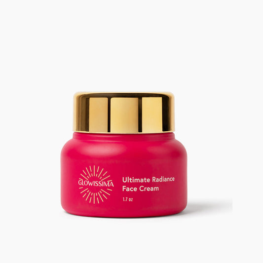 Pink face cream jar with gold lid on a white background, featuring the Glowissima brand and 2025 Gurus Beauty Awards logo.