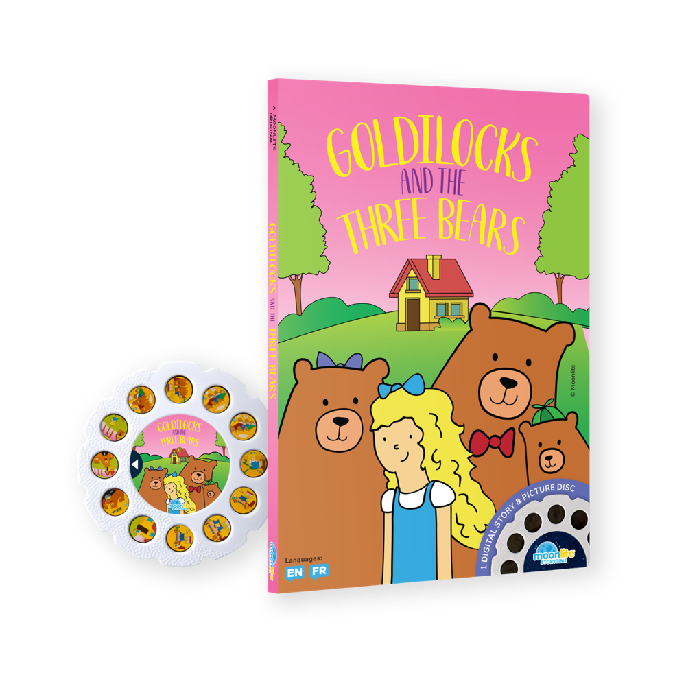Children's book titled 'Goldilocks and the Three Bears' with a picture disc on a white background