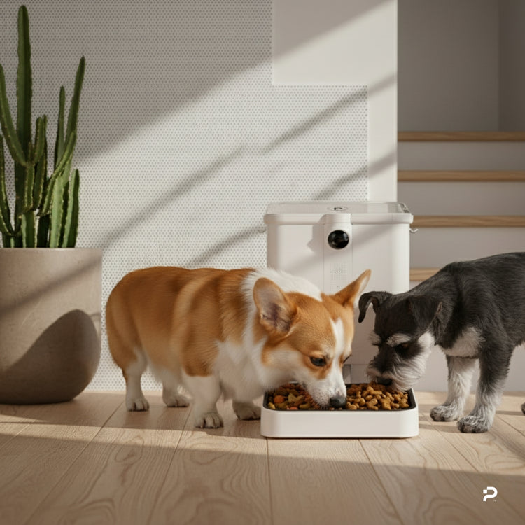 Two dogs eating from a white pet feeder on a wooden floor with a plant in the background.