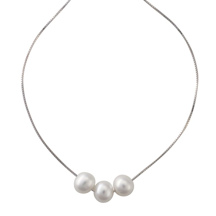 Triple floating pearl necklace -Silver16/18" adjust