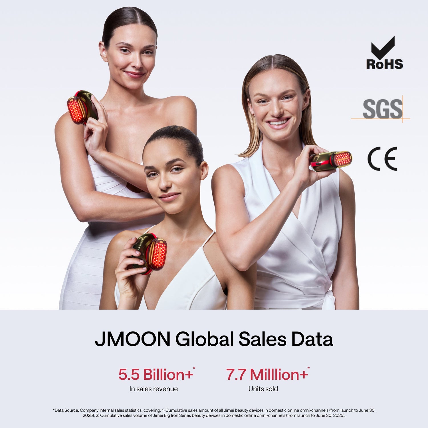 Three women holding beauty tools with JMOON global sales data and certification logos on a white background.