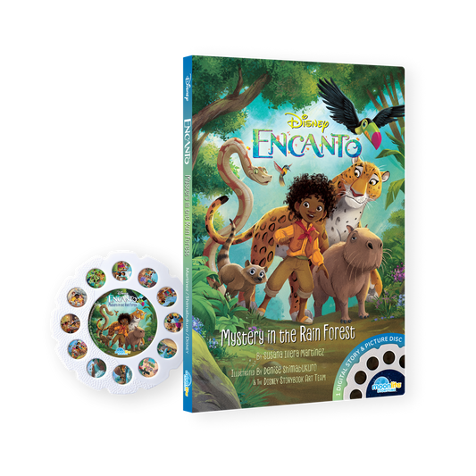 Collection of Disney-themed children's books and toys on a white background