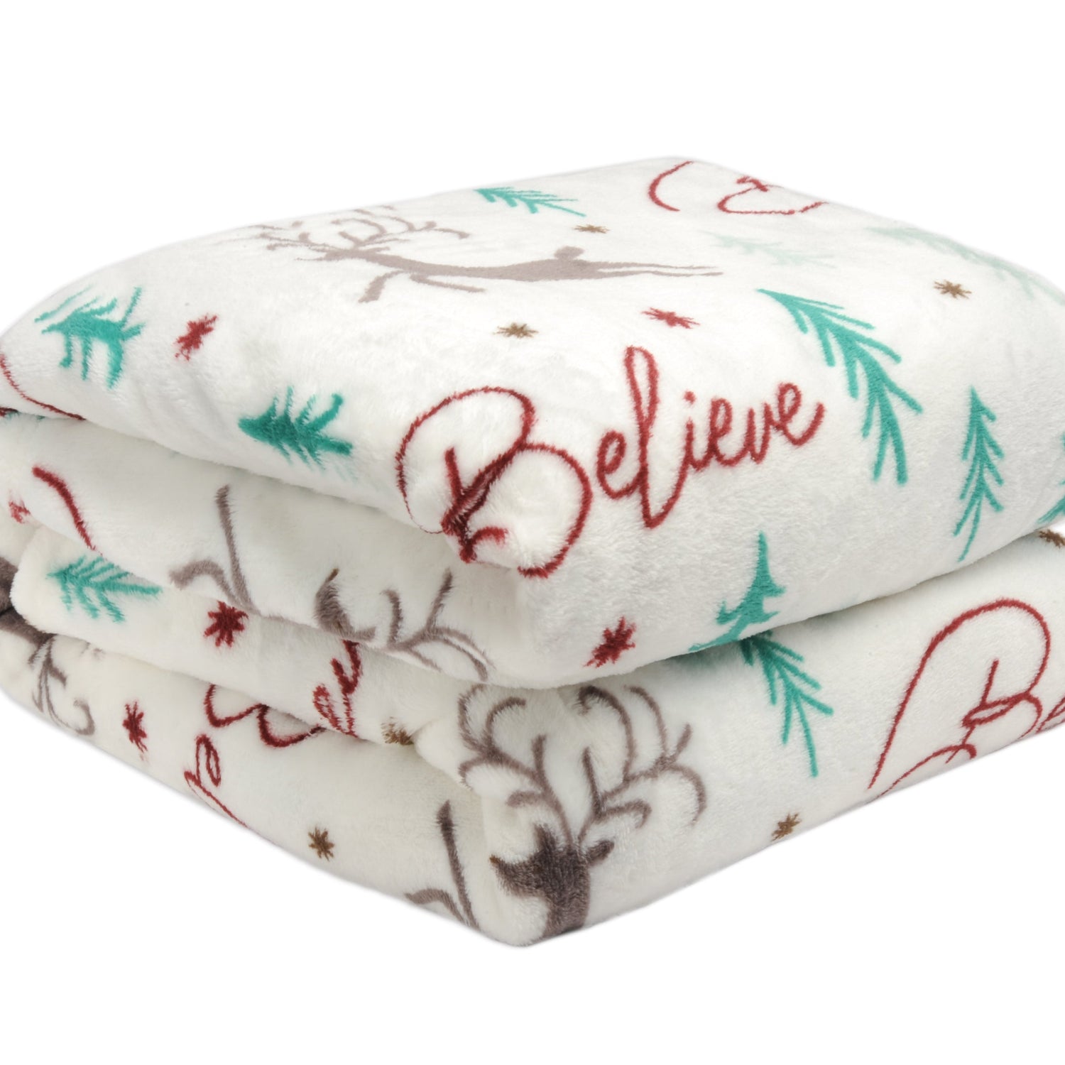 Folded Christmas-themed blanket with 'Believe' text and reindeer design on a white background