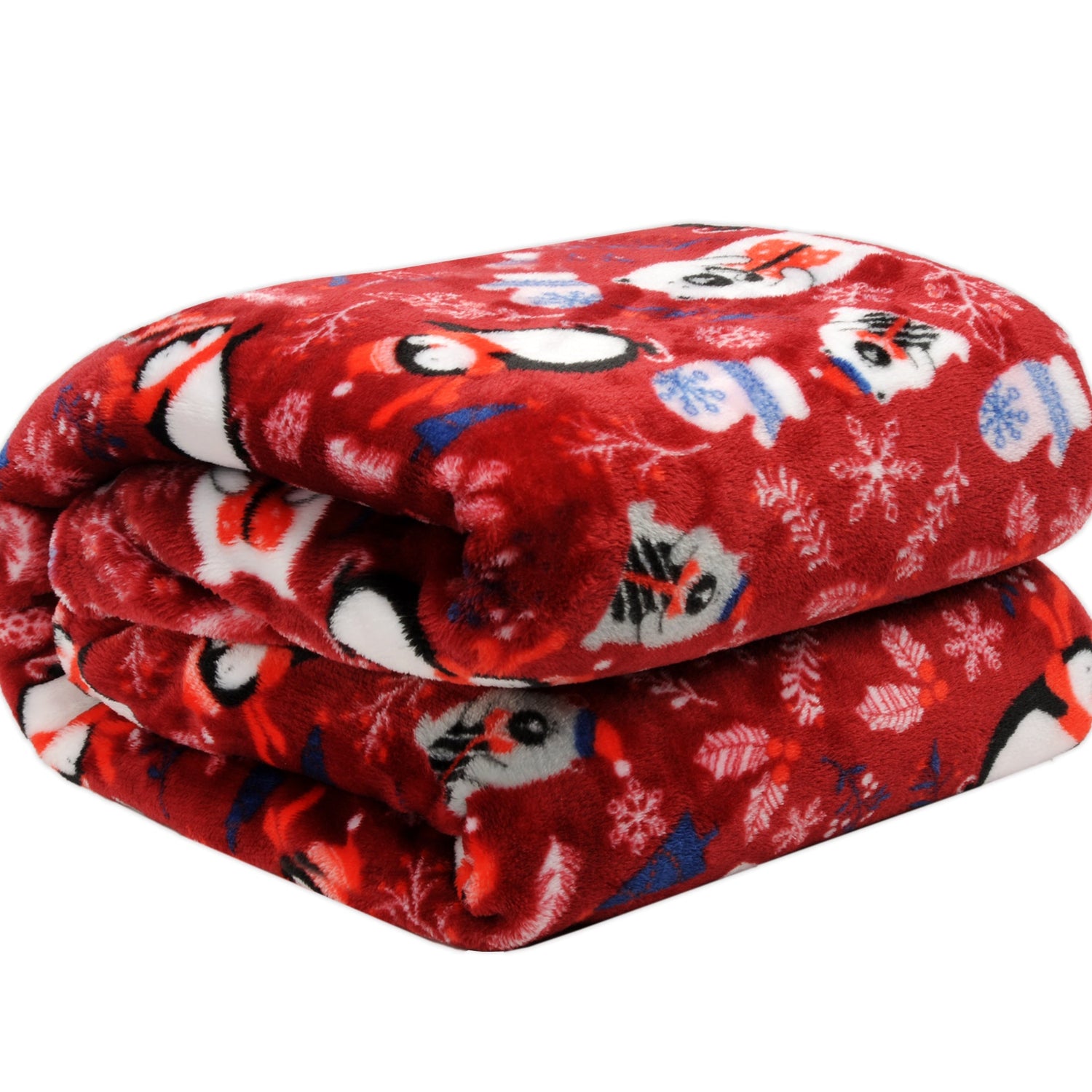 Folded red blanket with cartoon character pattern on a white background