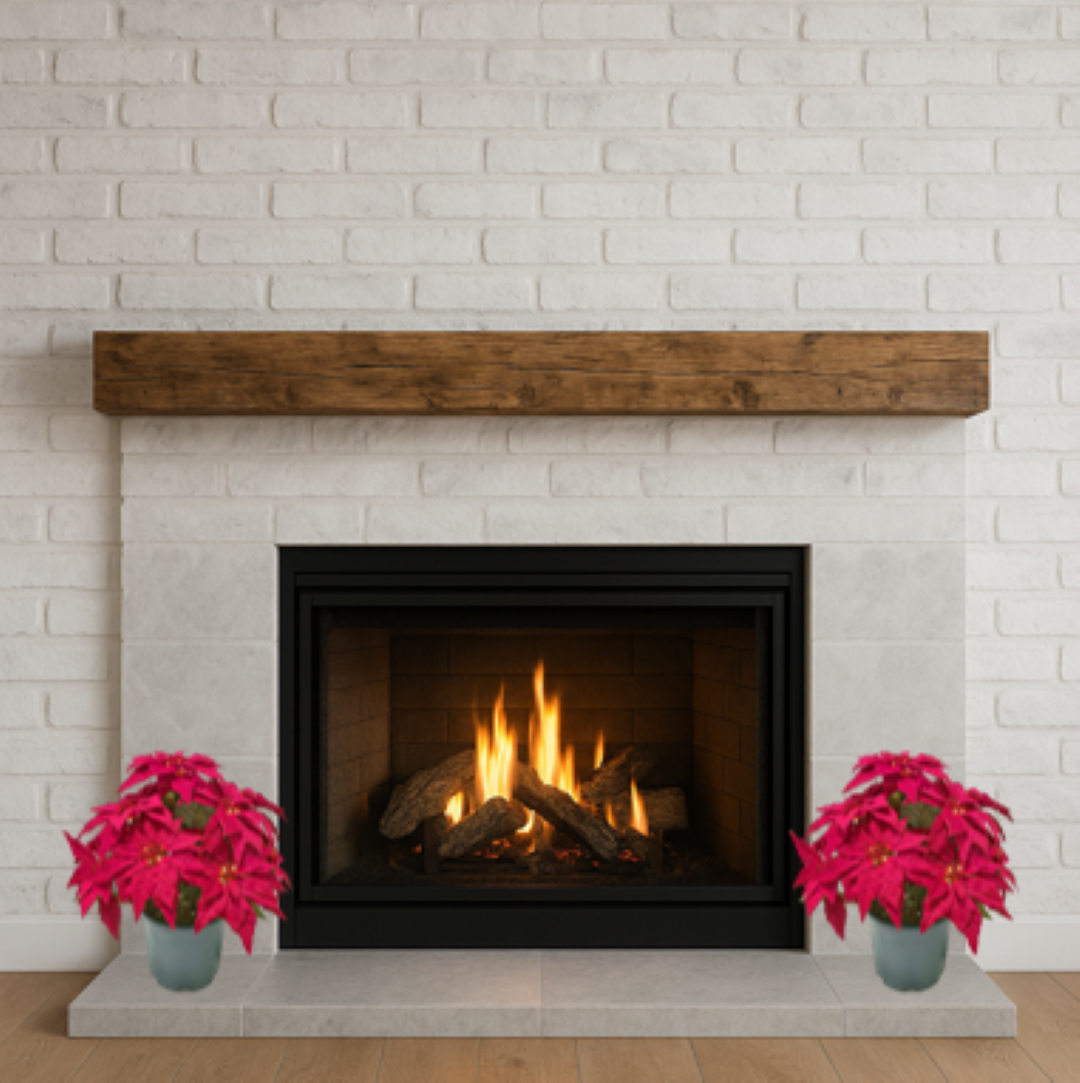 Fireplace with wooden mantel and two potted pink plants on a white brick wall background