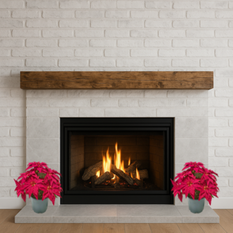 Fireplace with wooden mantel and two potted pink plants on a white brick wall background