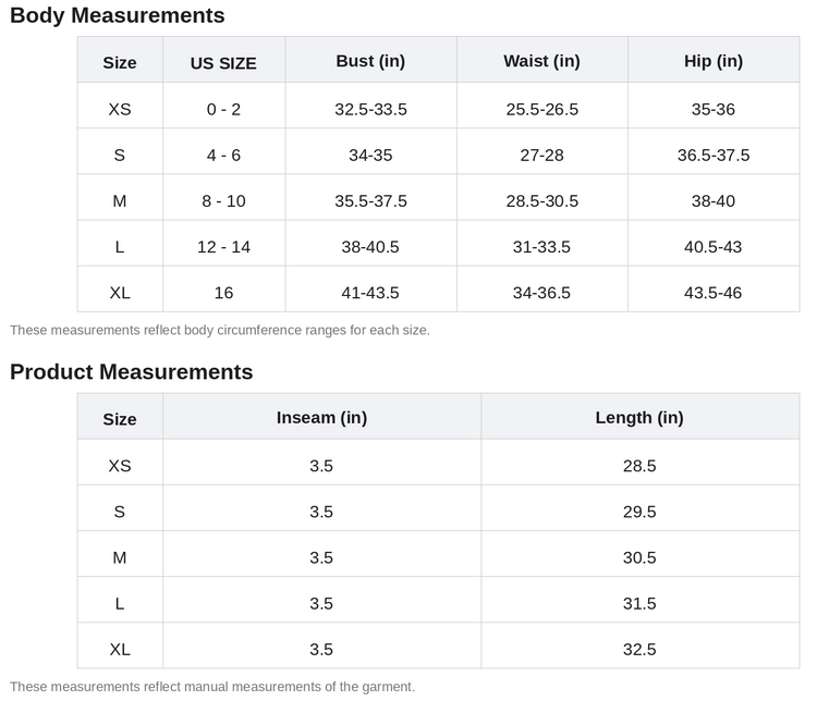 Size chart for clothing with body measurements and product dimensions.