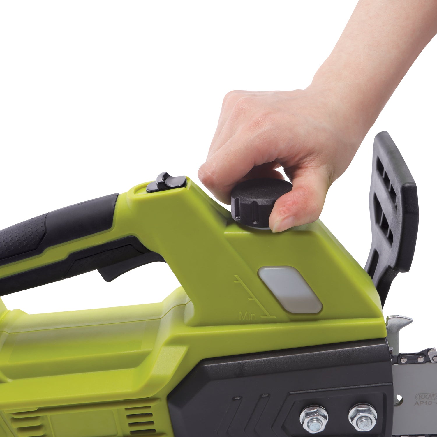 Hand holding a green chainsaw on a white background