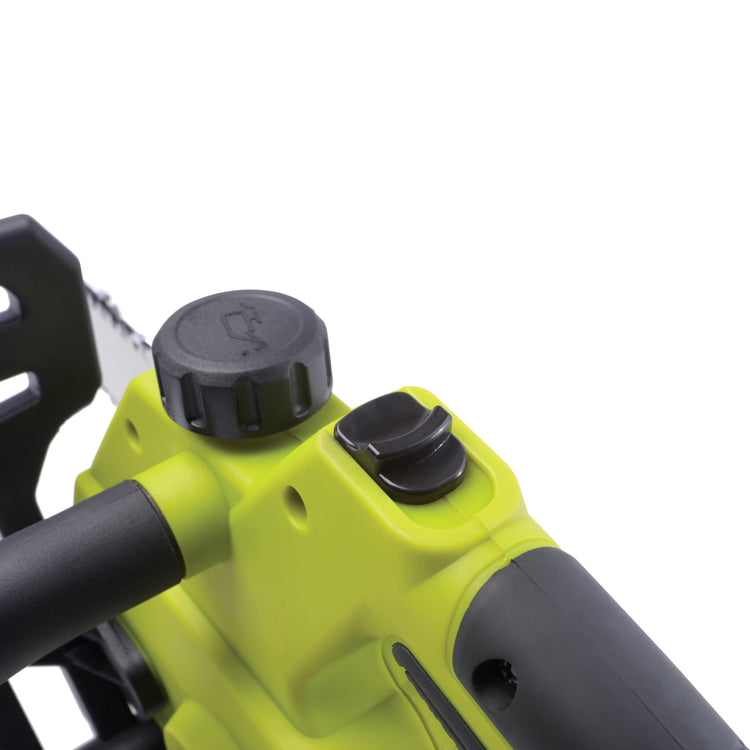 Close-up of a green power tool with black handles on a white background