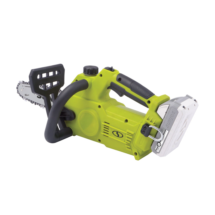 Green chainsaw on a white background