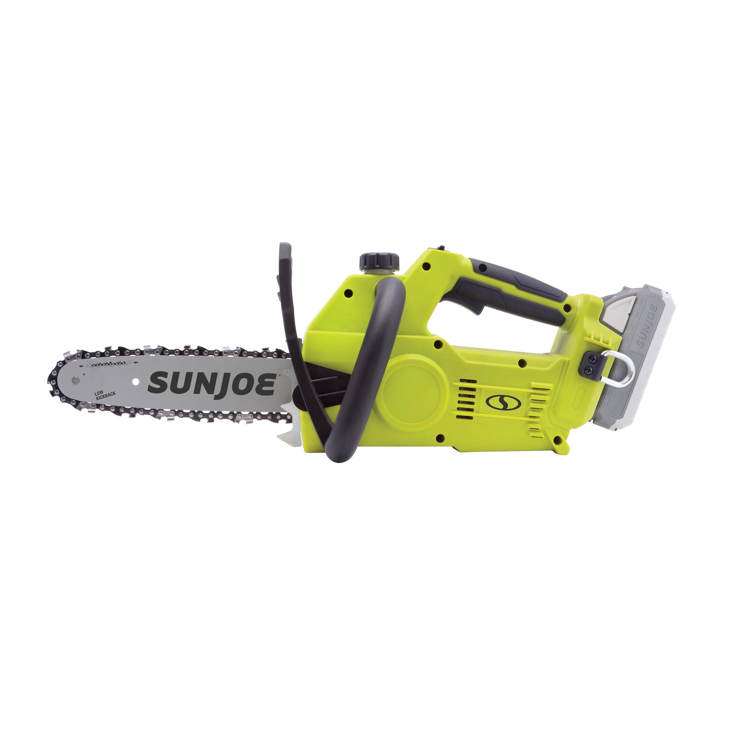 Green chainsaw with 'Sun Joe' branding on a white background
