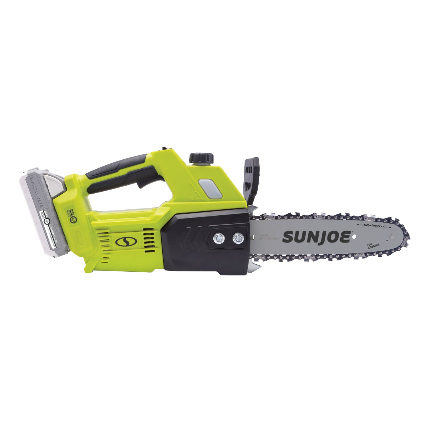 Green chainsaw with 'Sun Joe' branding on a white background